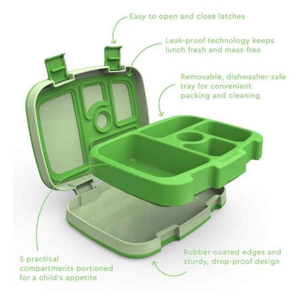 NEW Bentgo Kids Prints Leak-Proof 5 Compartment Bento Style Kids Lunch Box Green